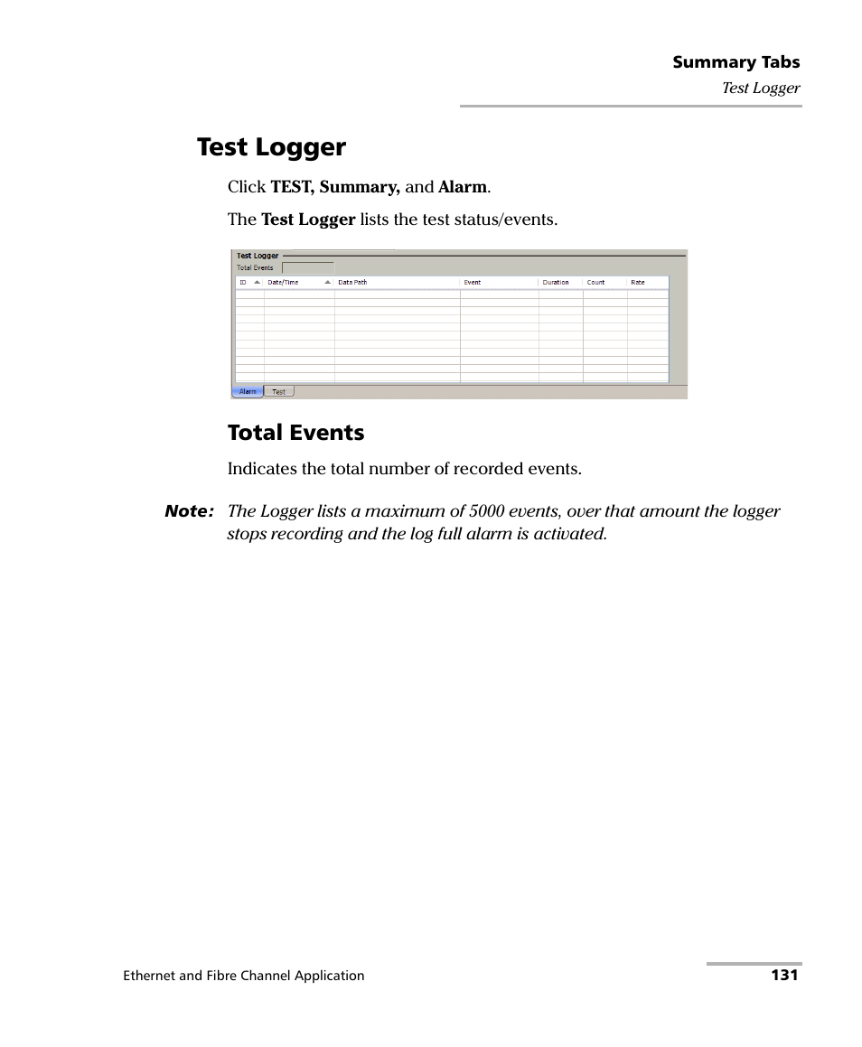 Test logger, Total events | EXFO RTU 310-310G IP Services Test Head User Manual | Page 143 / 547