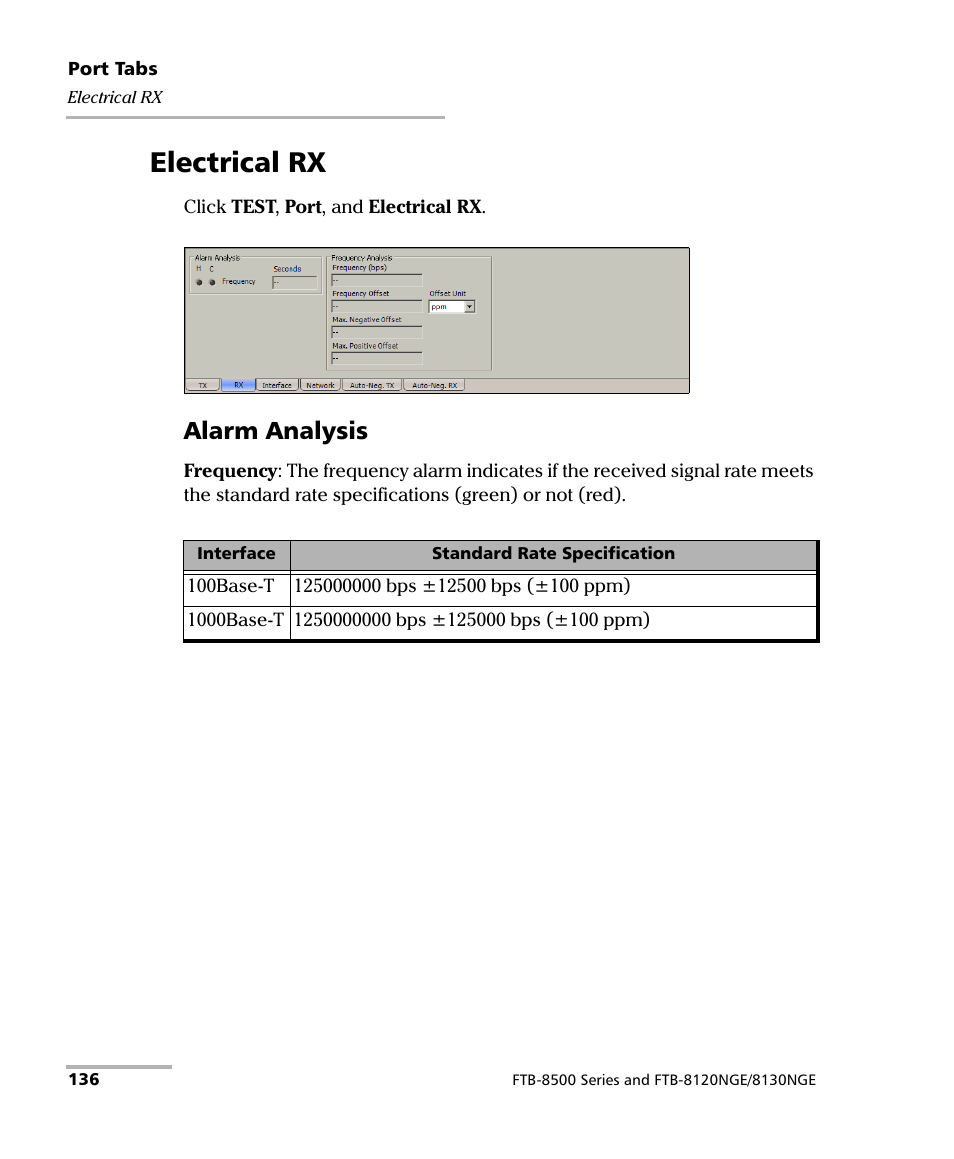 Electrical rx, Alarm analysis | EXFO RTU 310-310G IP Services Test Head User Manual | Page 148 / 547