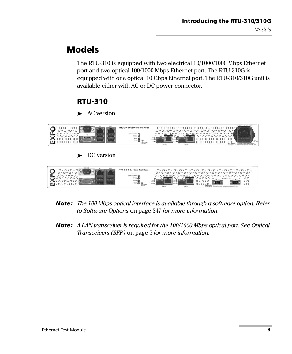 Models, Rtu-310 | EXFO RTU 310-310G IP Services Test Head User Manual | Page 15 / 547