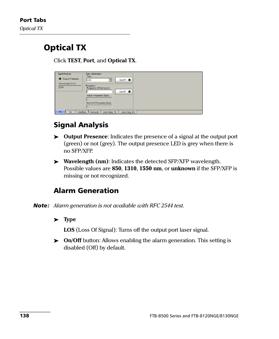 Optical tx, Signal analysis, Alarm generation | EXFO RTU 310-310G IP Services Test Head User Manual | Page 150 / 547