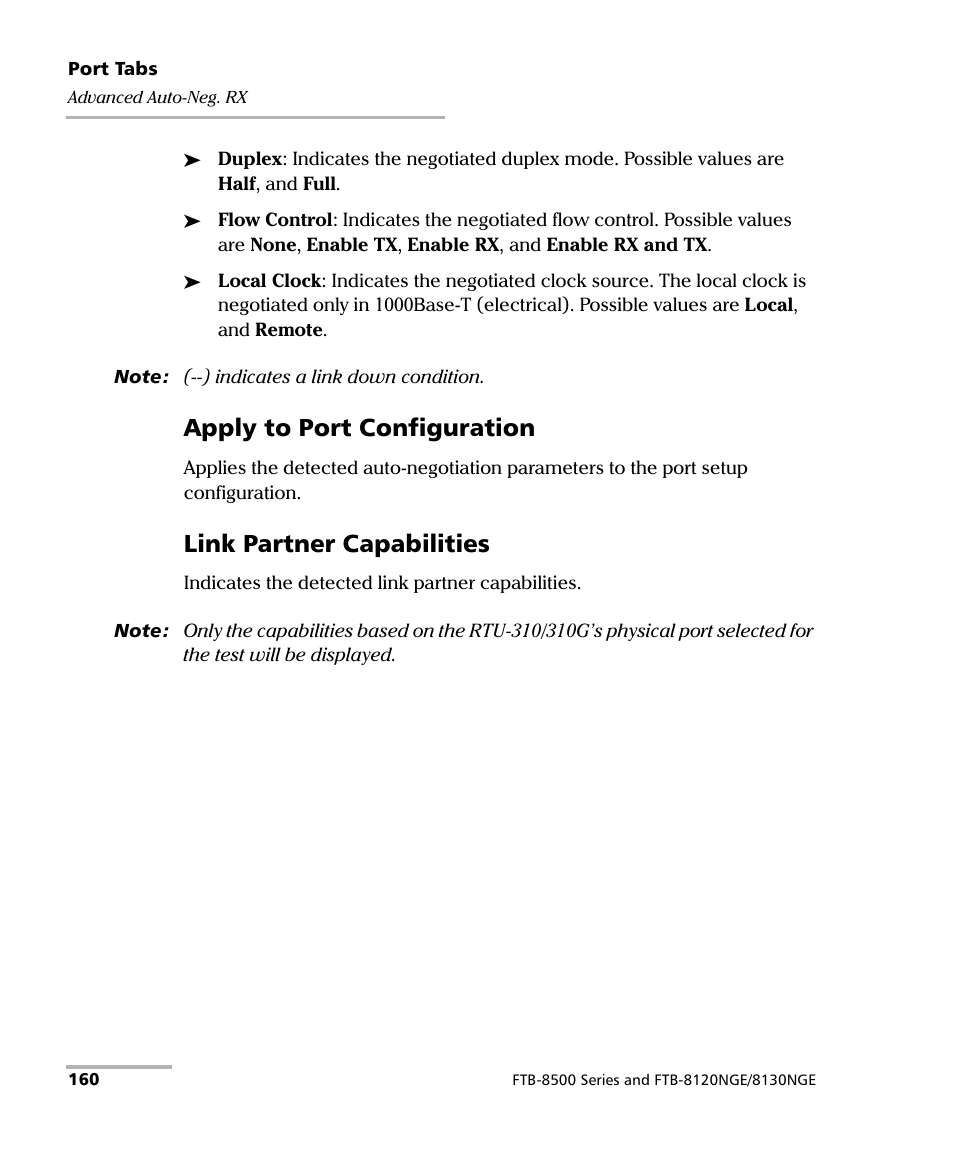 Apply to port configuration, Link partner capabilities | EXFO RTU 310-310G IP Services Test Head User Manual | Page 172 / 547