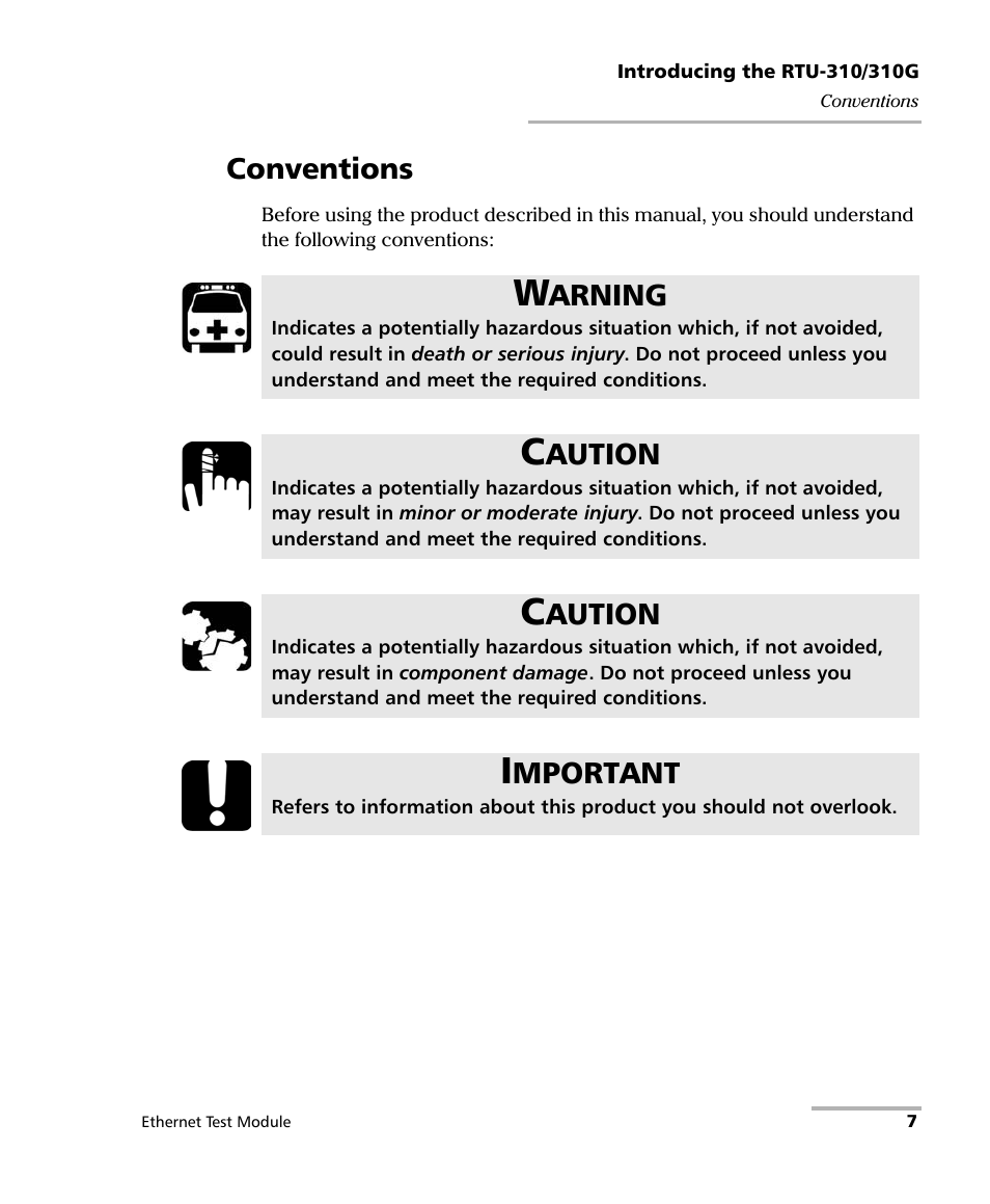 Conventions, Arning, Aution | Mportant | EXFO RTU 310-310G IP Services Test Head User Manual | Page 19 / 547