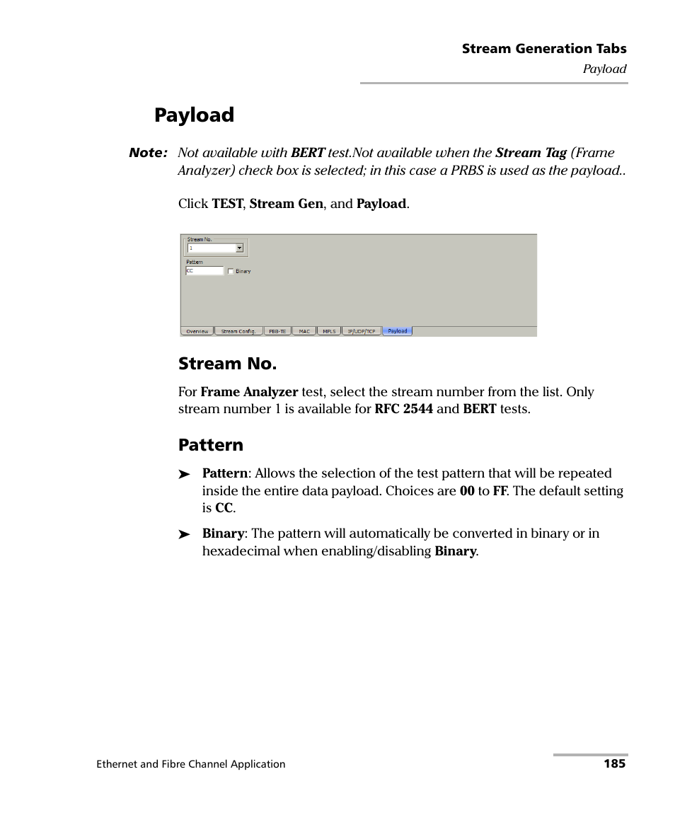 Payload, Stream no, Pattern | EXFO RTU 310-310G IP Services Test Head User Manual | Page 197 / 547