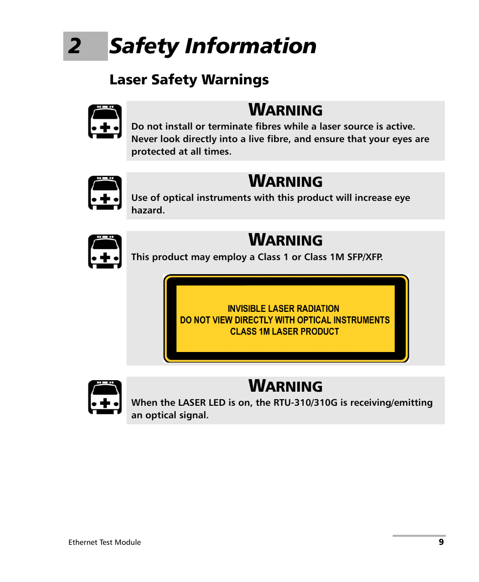 2 safety information, Laser safety warnings, 2safety information | EXFO RTU 310-310G IP Services Test Head User Manual | Page 21 / 547