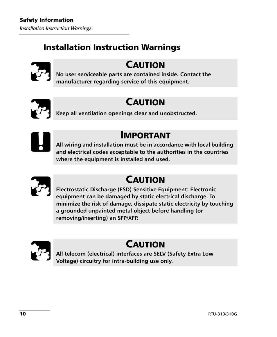 Installation instruction warnings | EXFO RTU 310-310G IP Services Test Head User Manual | Page 22 / 547