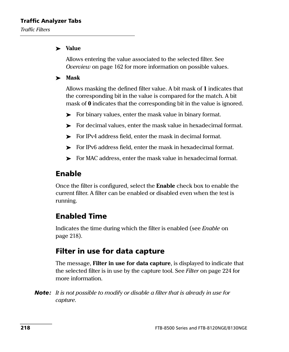 Enable, Enabled time, Filter in use for data capture | EXFO RTU 310-310G IP Services Test Head User Manual | Page 230 / 547