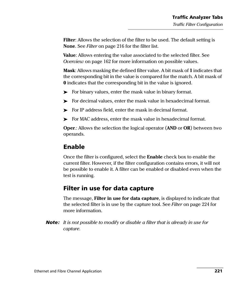 Enable, Filter in use for data capture | EXFO RTU 310-310G IP Services Test Head User Manual | Page 233 / 547