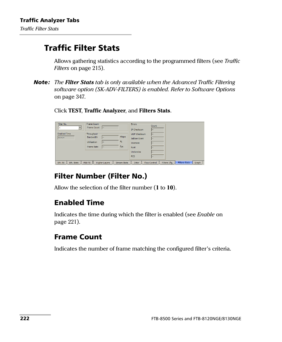 Traffic filter stats, Filter number (filter no.), Enabled time | Frame count | EXFO RTU 310-310G IP Services Test Head User Manual | Page 234 / 547