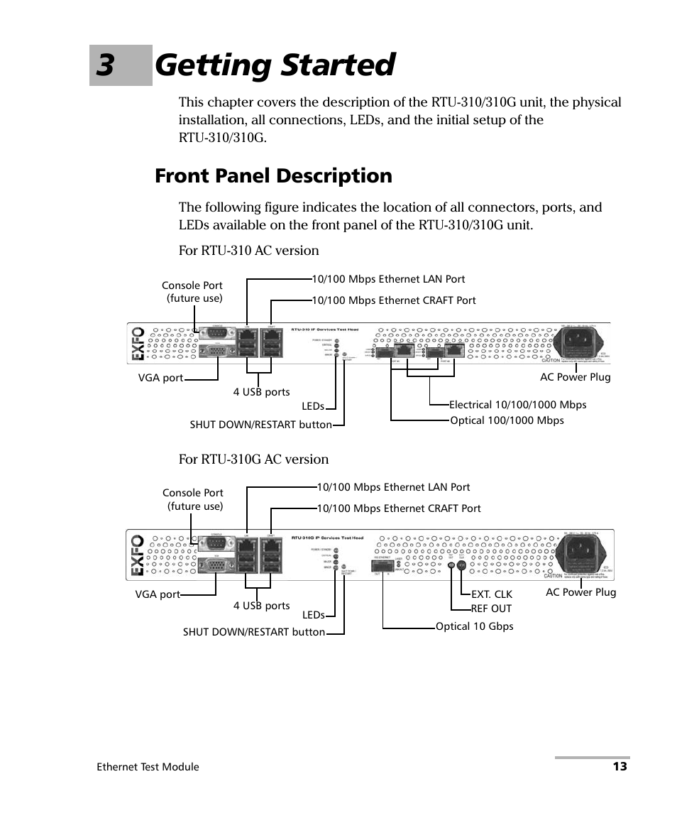 3 getting started, Front panel description, 3getting started | EXFO RTU 310-310G IP Services Test Head User Manual | Page 25 / 547