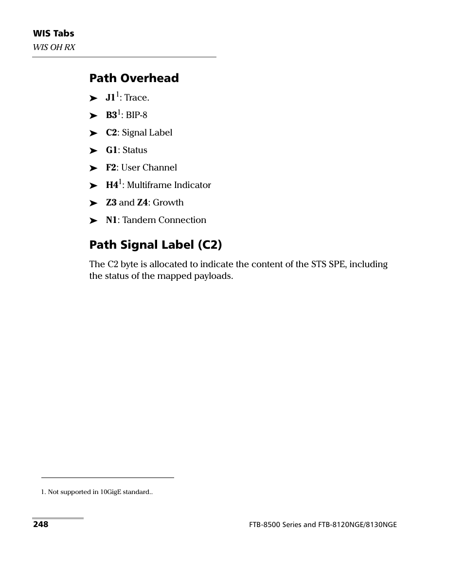 Path overhead, Path signal label (c2) | EXFO RTU 310-310G IP Services Test Head User Manual | Page 260 / 547