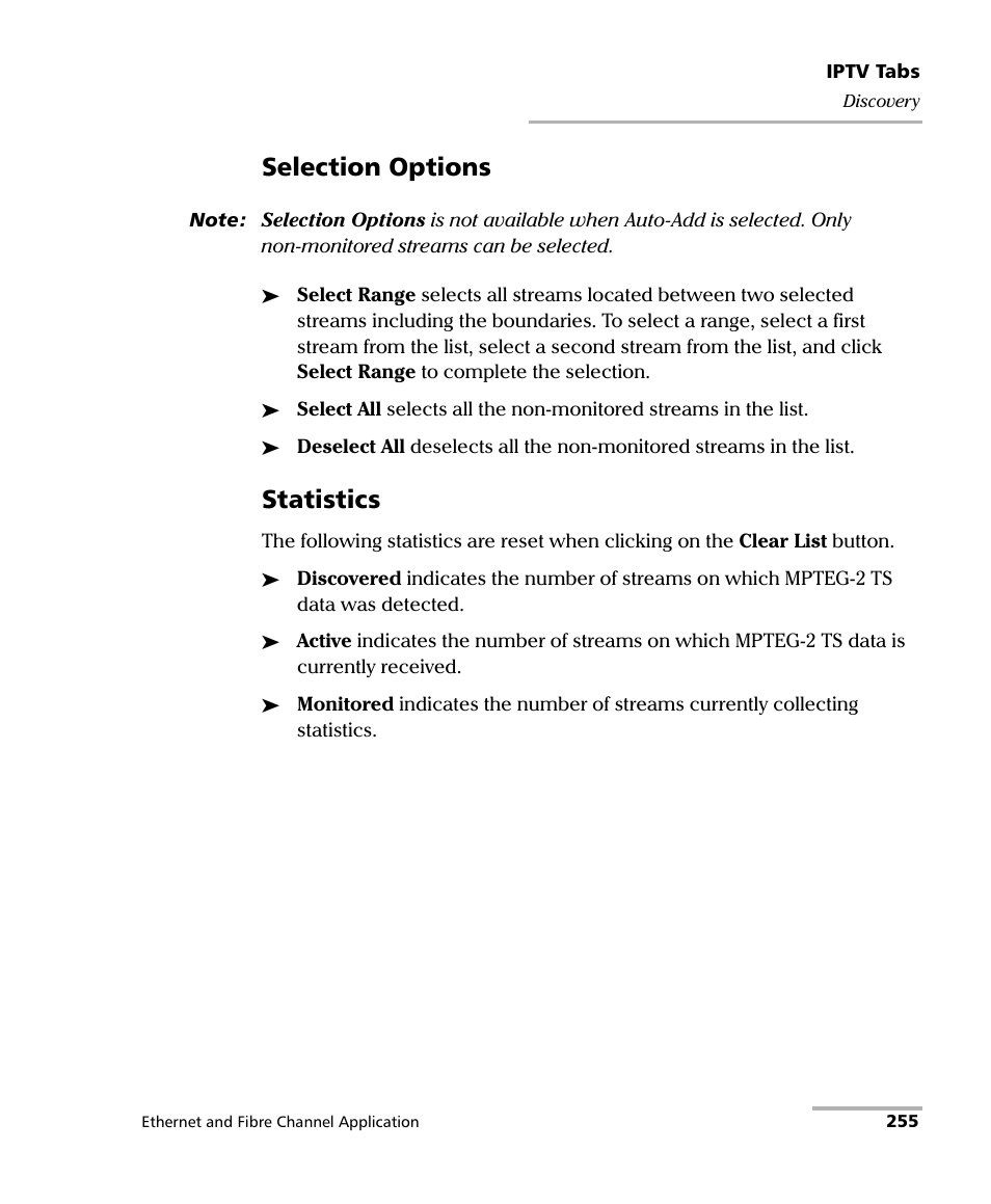 Selection options, Statistics | EXFO RTU 310-310G IP Services Test Head User Manual | Page 267 / 547