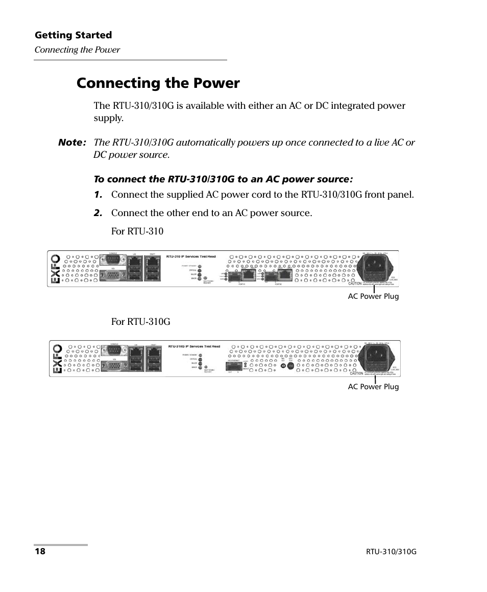 Connecting the power | EXFO RTU 310-310G IP Services Test Head User Manual | Page 30 / 547