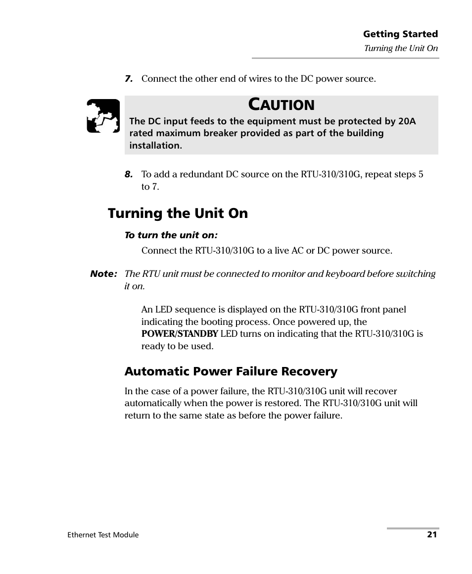 Turning the unit on, Aution, Automatic power failure recovery | EXFO RTU 310-310G IP Services Test Head User Manual | Page 33 / 547