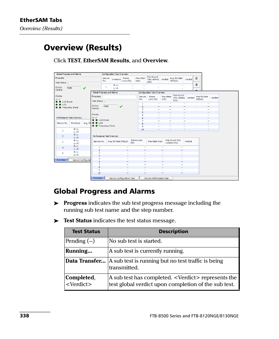 Overview (results), Global progress and alarms | EXFO RTU 310-310G IP Services Test Head User Manual | Page 350 / 547