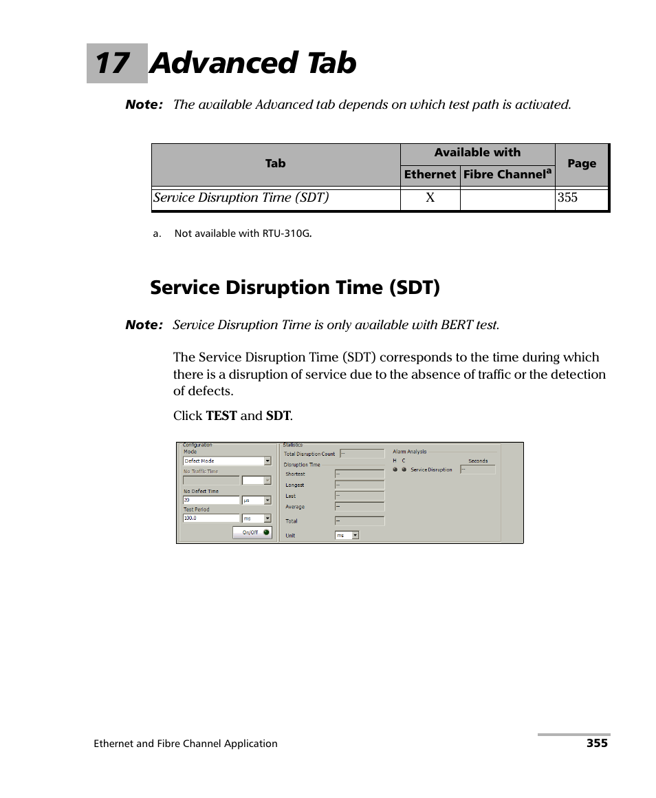 17 advanced tab, Service disruption time (sdt) | EXFO RTU 310-310G IP Services Test Head User Manual | Page 367 / 547