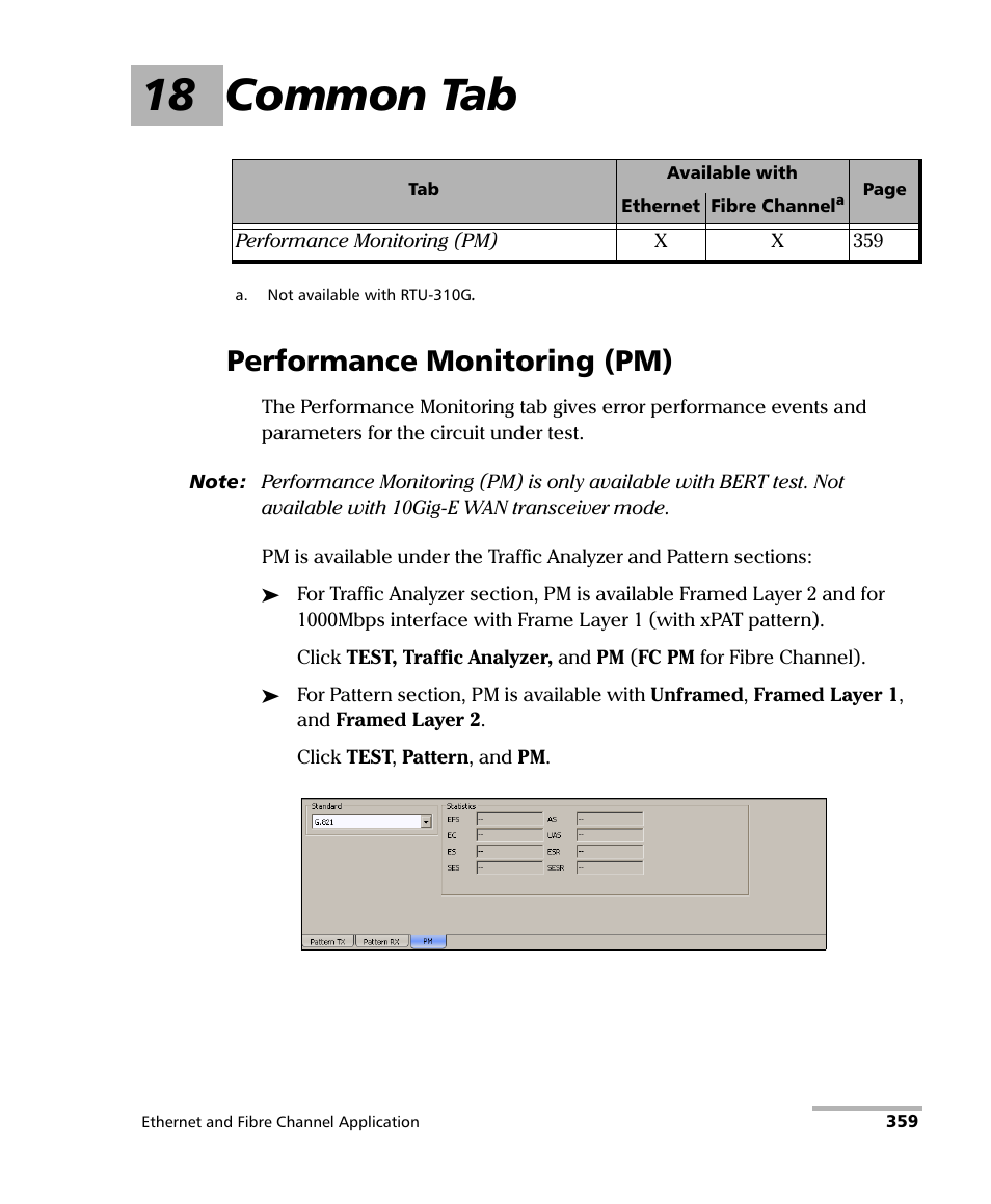 18 common tab, Performance monitoring (pm) | EXFO RTU 310-310G IP Services Test Head User Manual | Page 371 / 547
