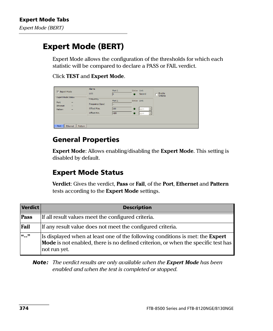 Expert mode (bert), General properties, Expert mode status | EXFO RTU 310-310G IP Services Test Head User Manual | Page 386 / 547