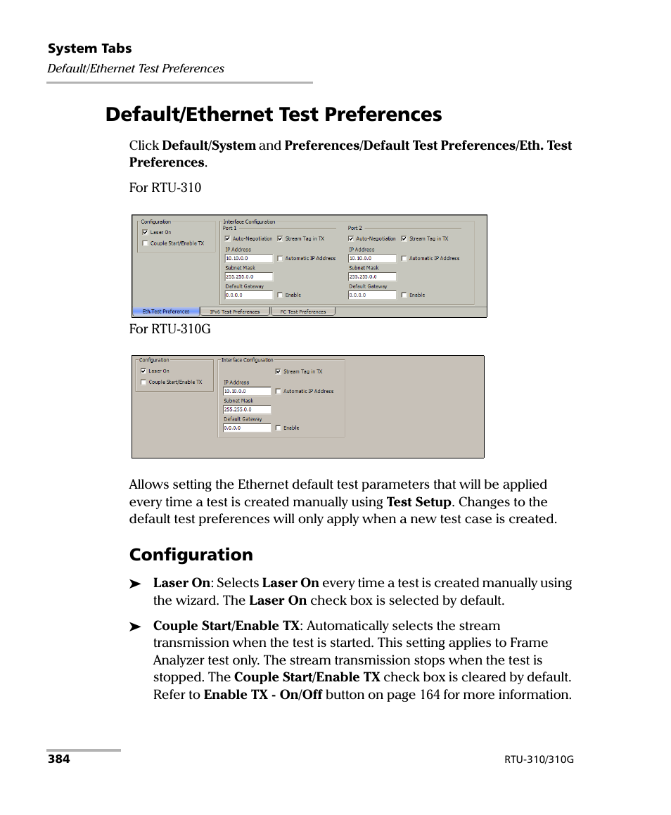 Default/ethernet test preferences, Configuration | EXFO RTU 310-310G IP Services Test Head User Manual | Page 396 / 547