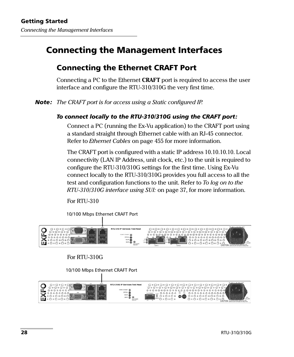 Connecting the management interfaces, Connecting the ethernet craft port | EXFO RTU 310-310G IP Services Test Head User Manual | Page 40 / 547