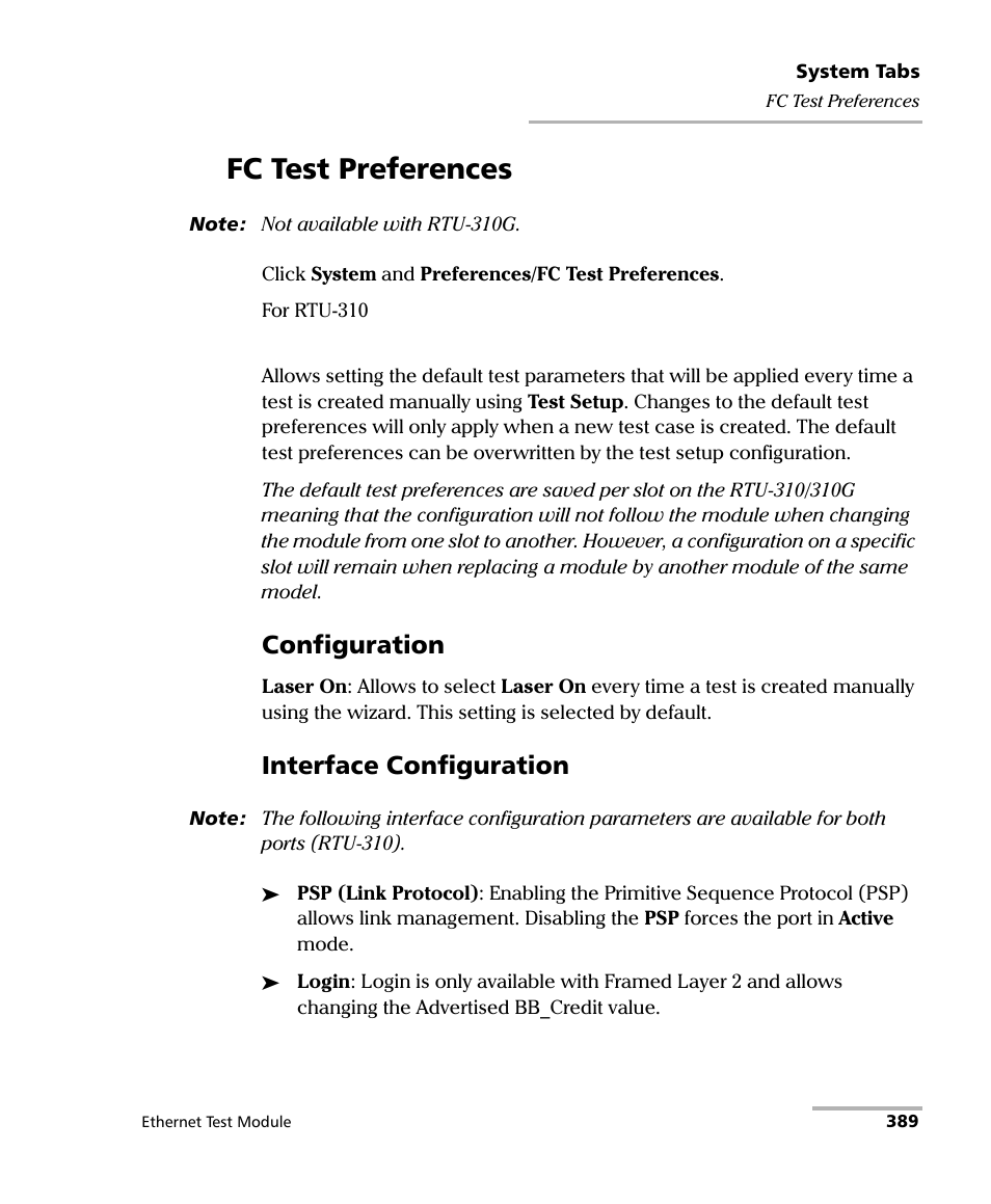 Fc test preferences, Configuration, Interface configuration | EXFO RTU 310-310G IP Services Test Head User Manual | Page 401 / 547