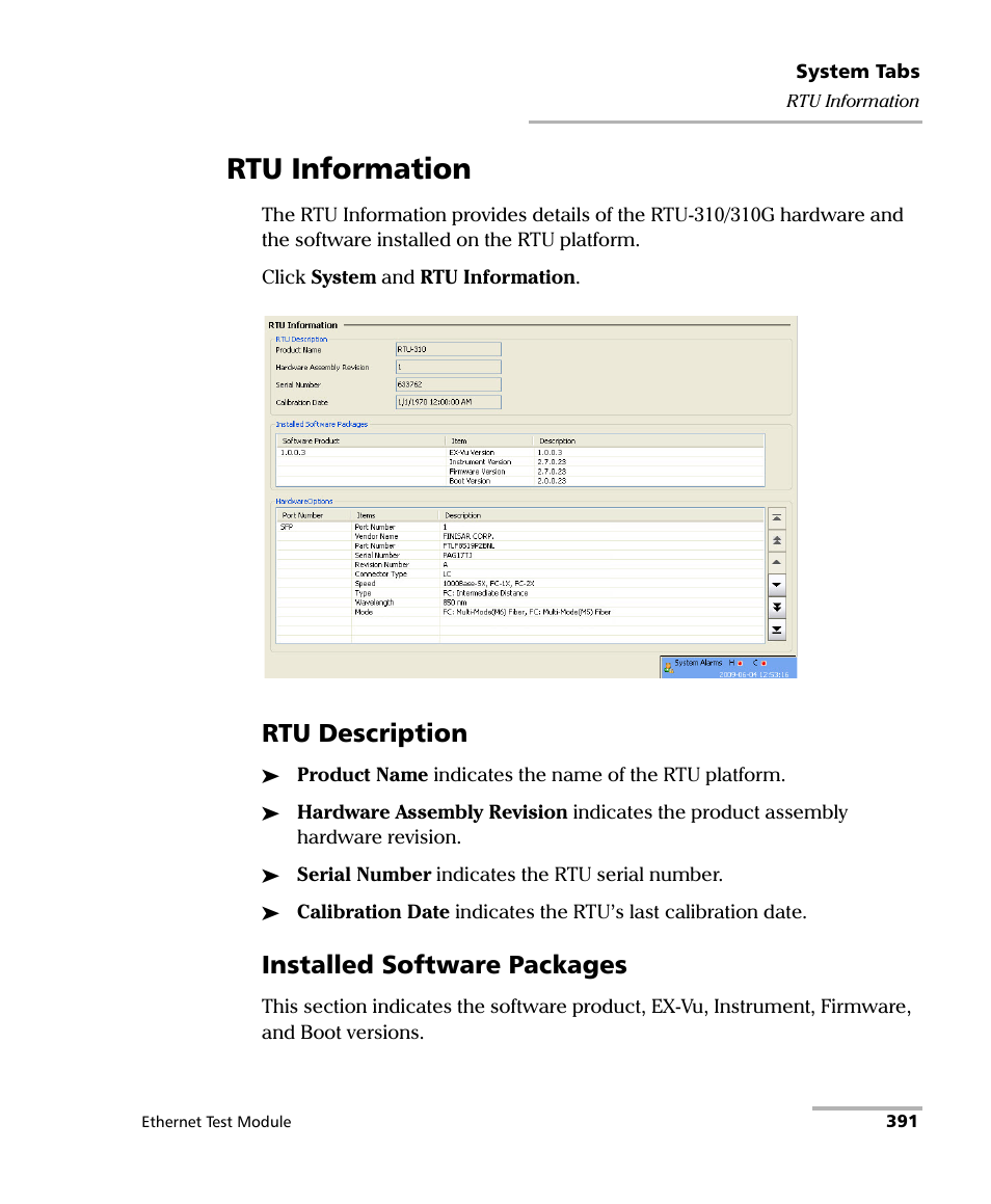 Rtu information, Rtu description, Installed software packages | EXFO RTU 310-310G IP Services Test Head User Manual | Page 403 / 547