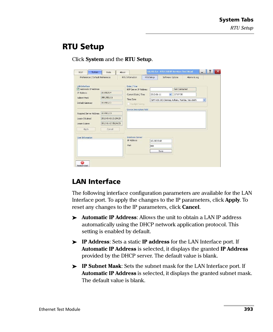 Rtu setup, Lan interface | EXFO RTU 310-310G IP Services Test Head User Manual | Page 405 / 547