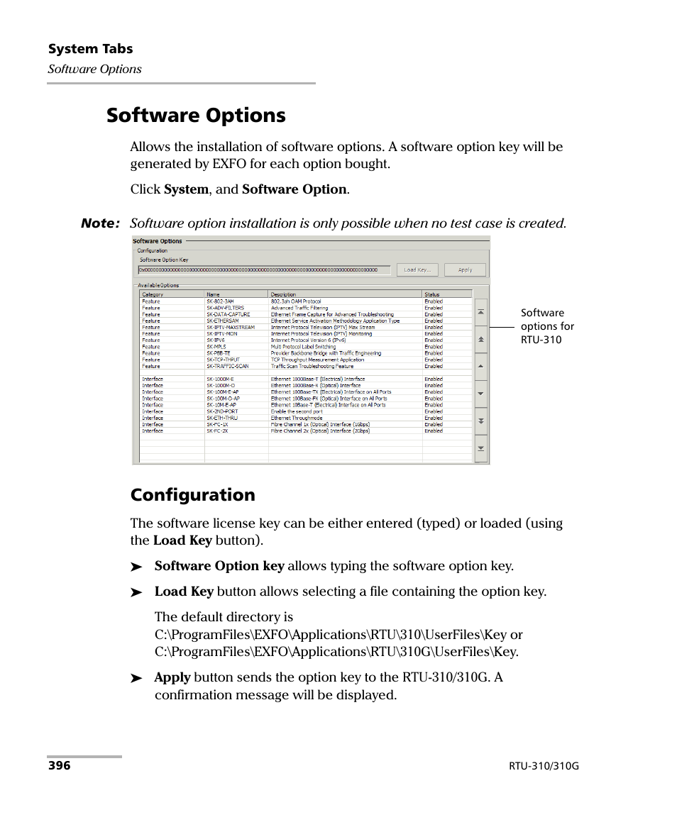 Software options, Configuration | EXFO RTU 310-310G IP Services Test Head User Manual | Page 408 / 547