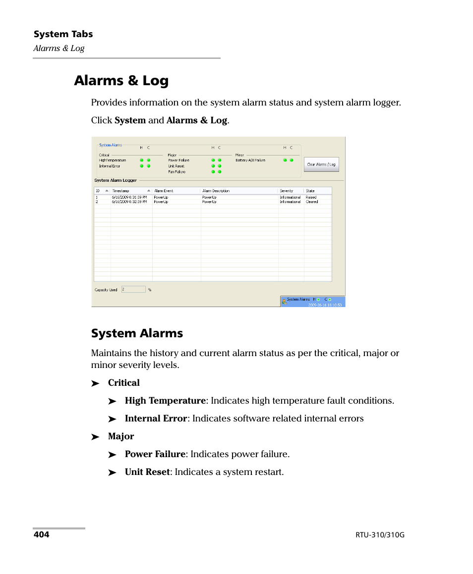 Alarms & log, System alarms | EXFO RTU 310-310G IP Services Test Head User Manual | Page 416 / 547
