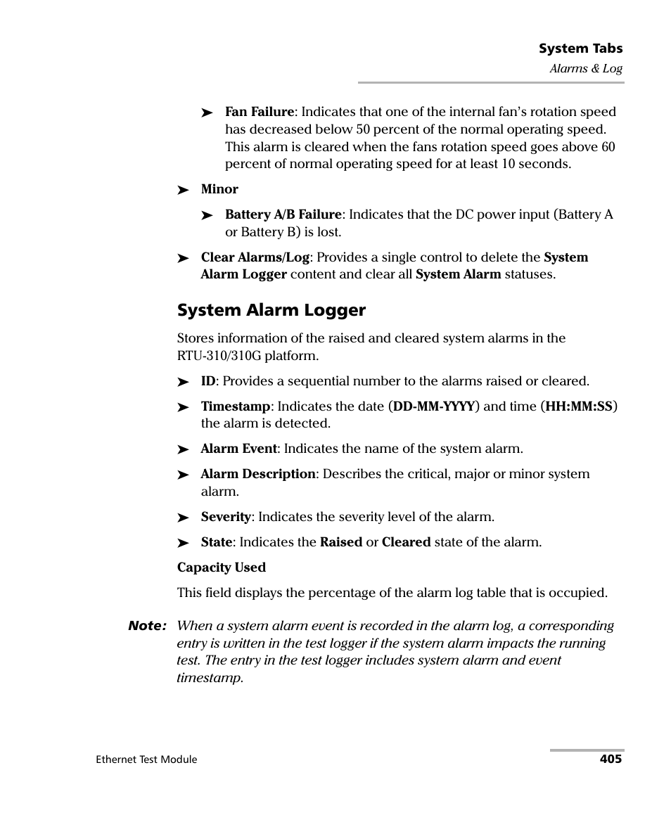 System alarm logger | EXFO RTU 310-310G IP Services Test Head User Manual | Page 417 / 547