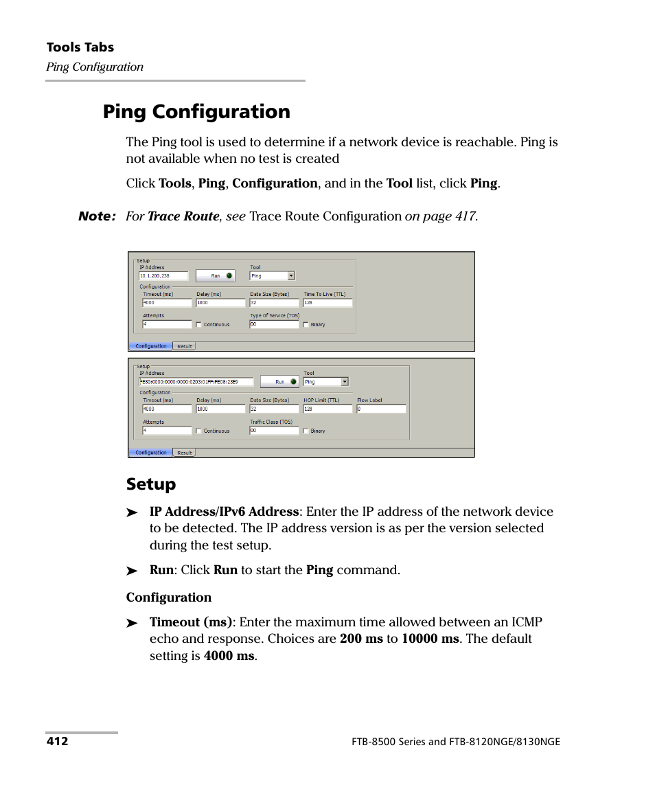 Ping configuration, Setup | EXFO RTU 310-310G IP Services Test Head User Manual | Page 424 / 547