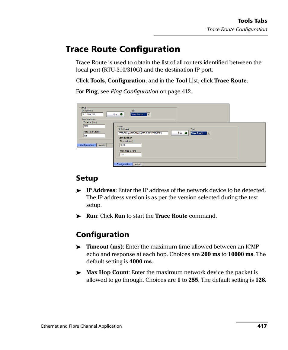 Trace route configuration, Setup, Configuration | EXFO RTU 310-310G IP Services Test Head User Manual | Page 429 / 547