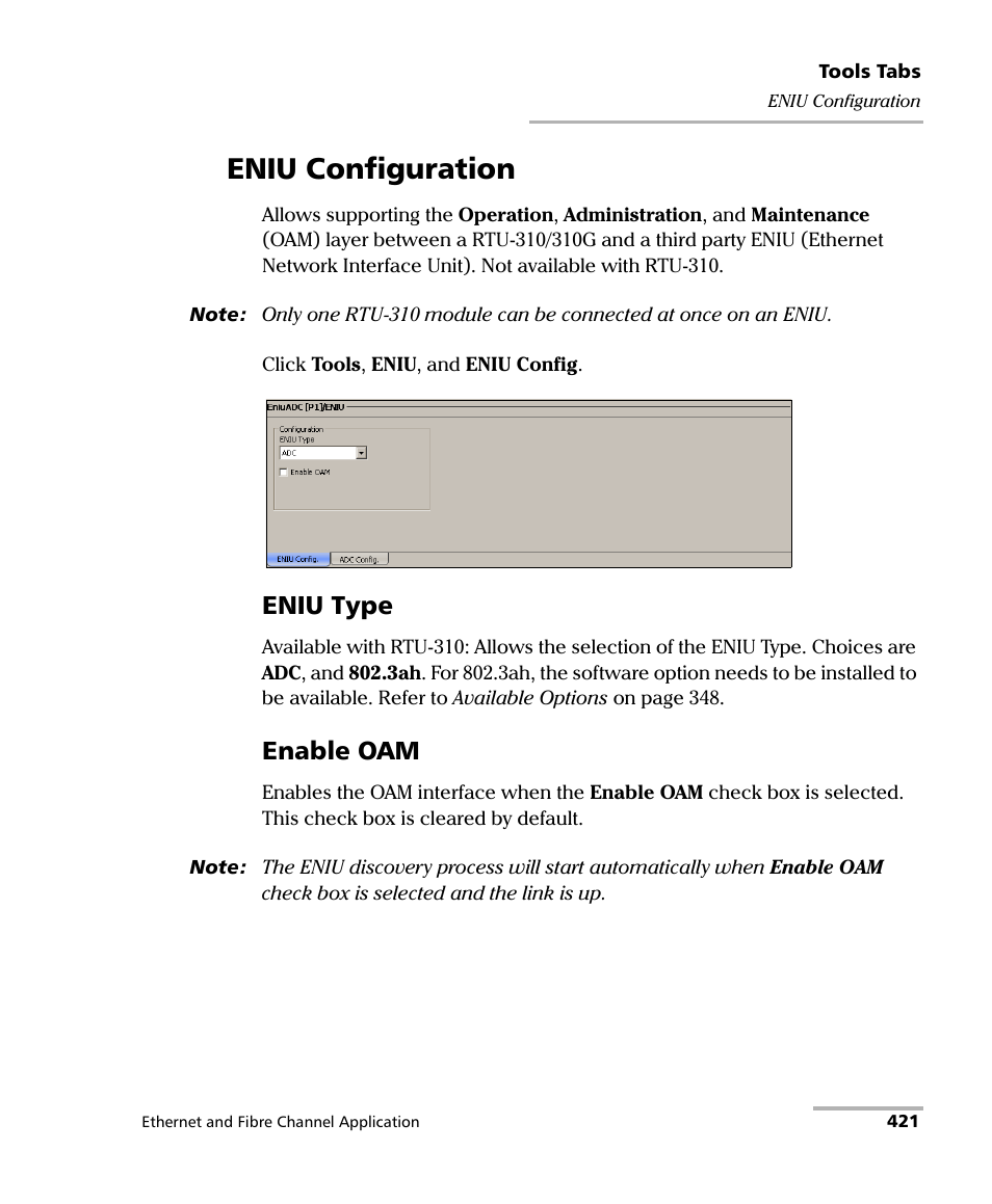 Eniu configuration, Eniu type, Enable oam | EXFO RTU 310-310G IP Services Test Head User Manual | Page 433 / 547