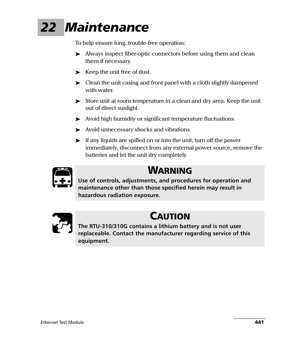 22 maintenance, Arning, Aution | EXFO RTU 310-310G IP Services Test Head User Manual | Page 453 / 547