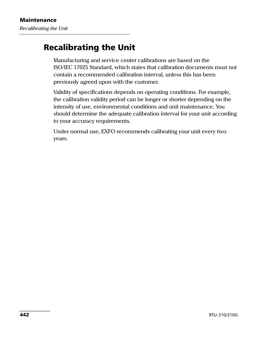 Recalibrating the unit | EXFO RTU 310-310G IP Services Test Head User Manual | Page 454 / 547