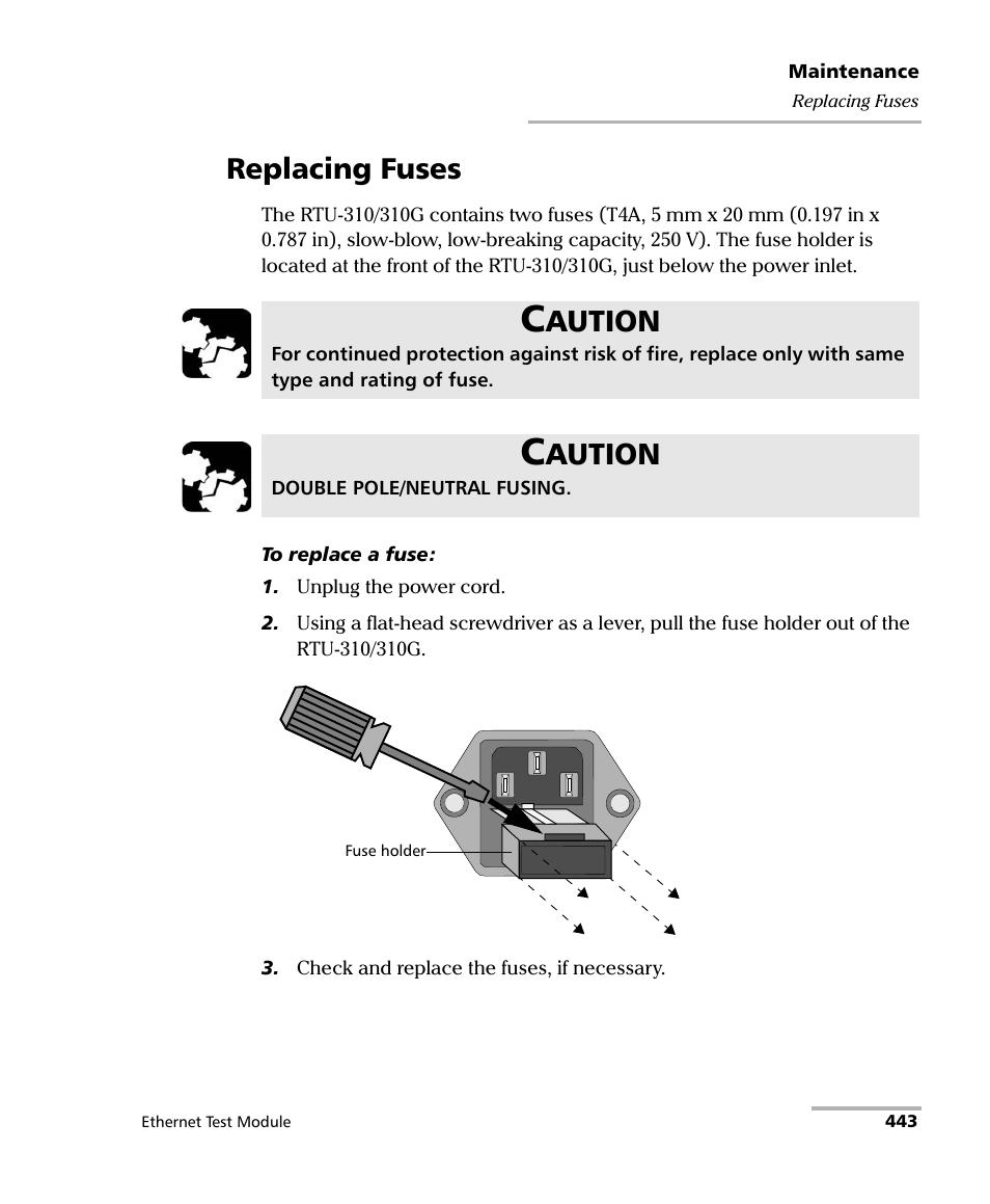 Replacing fuses, Aution | EXFO RTU 310-310G IP Services Test Head User Manual | Page 455 / 547
