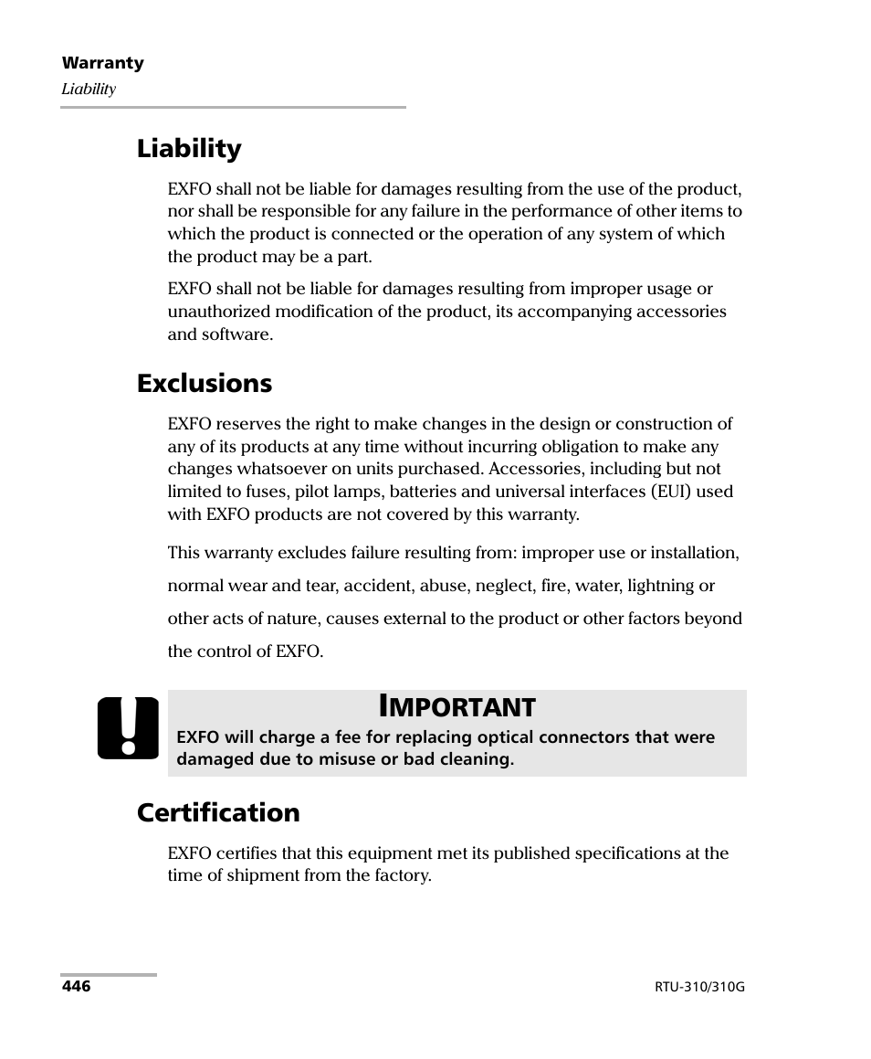 Liability, Exclusions, Certification | Liability exclusions certification, Mportant | EXFO RTU 310-310G IP Services Test Head User Manual | Page 458 / 547