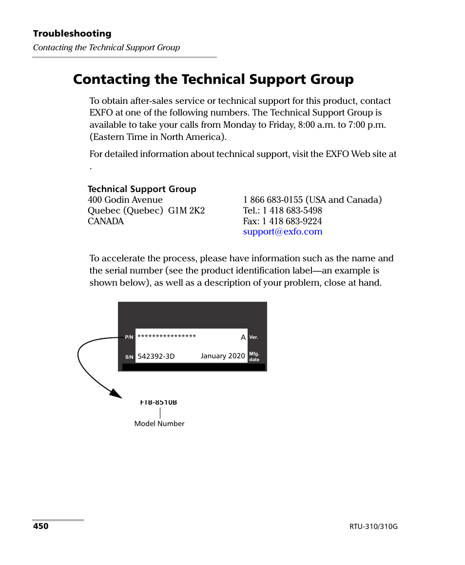 Contacting the technical support group | EXFO RTU 310-310G IP Services Test Head User Manual | Page 462 / 547