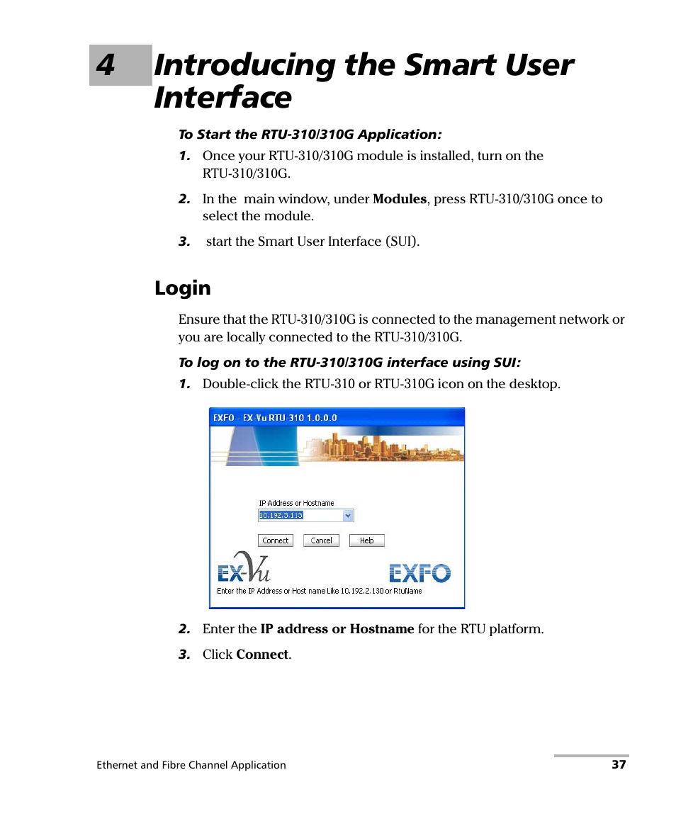 4 introducing the smart user interface, Login, 4introducing the smart user interface | EXFO RTU 310-310G IP Services Test Head User Manual | Page 49 / 547