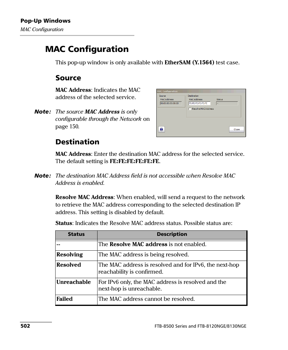 Mac configuration, Source, Destination | EXFO RTU 310-310G IP Services Test Head User Manual | Page 514 / 547