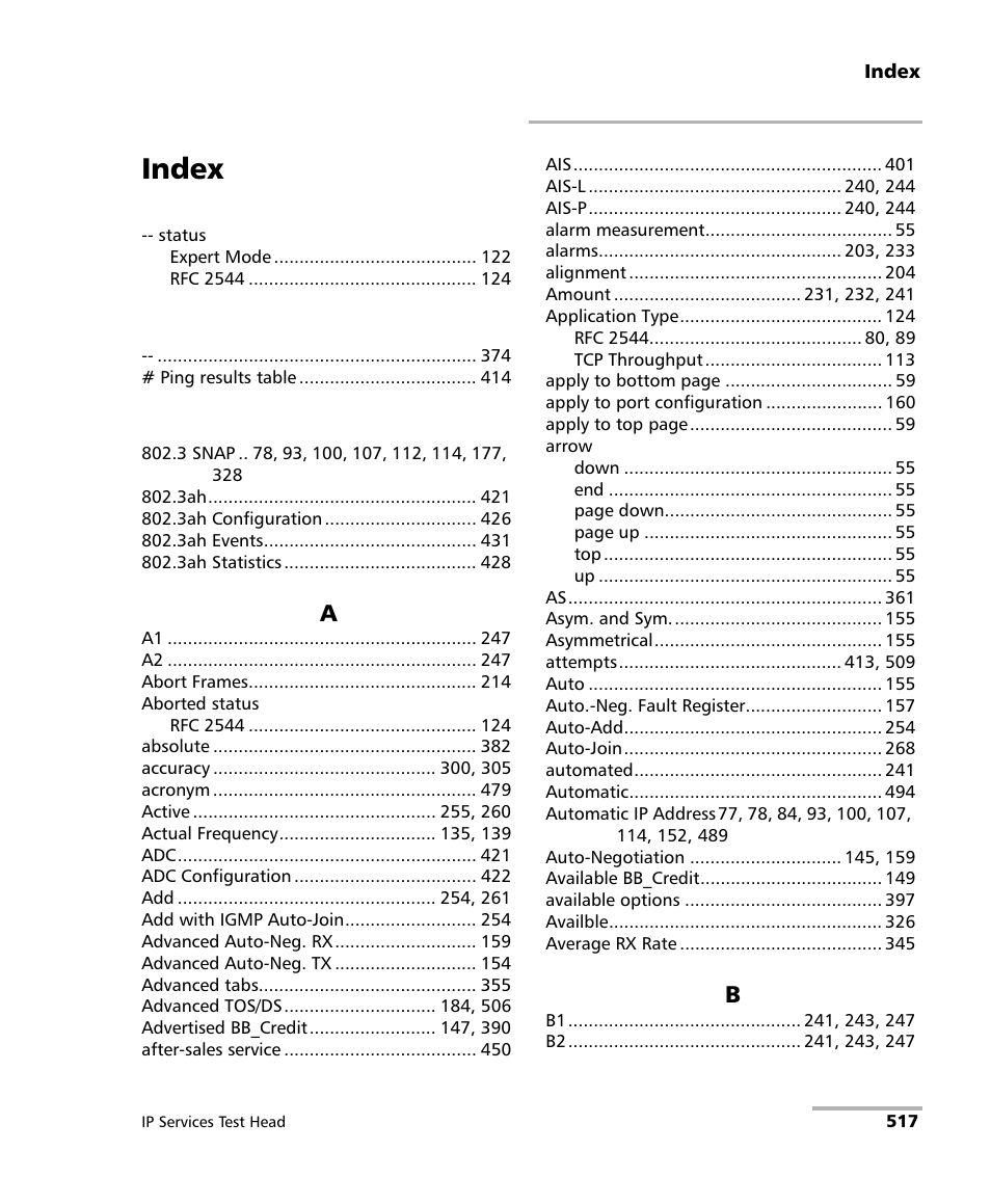 Index | EXFO RTU 310-310G IP Services Test Head User Manual | Page 529 / 547