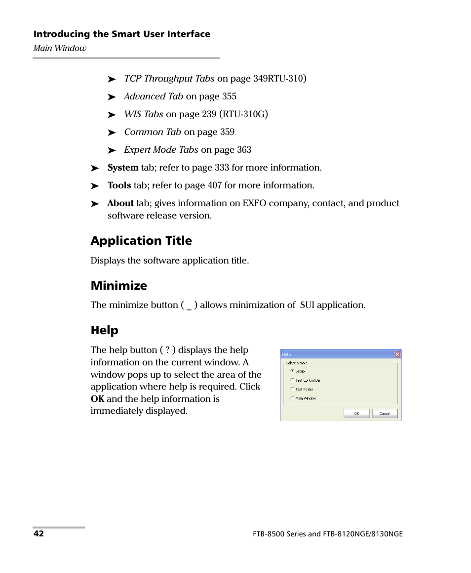 Application title, Minimize, Help | EXFO RTU 310-310G IP Services Test Head User Manual | Page 54 / 547
