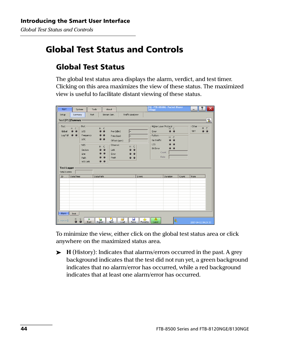 Global test status and controls, Global test status | EXFO RTU 310-310G IP Services Test Head User Manual | Page 56 / 547