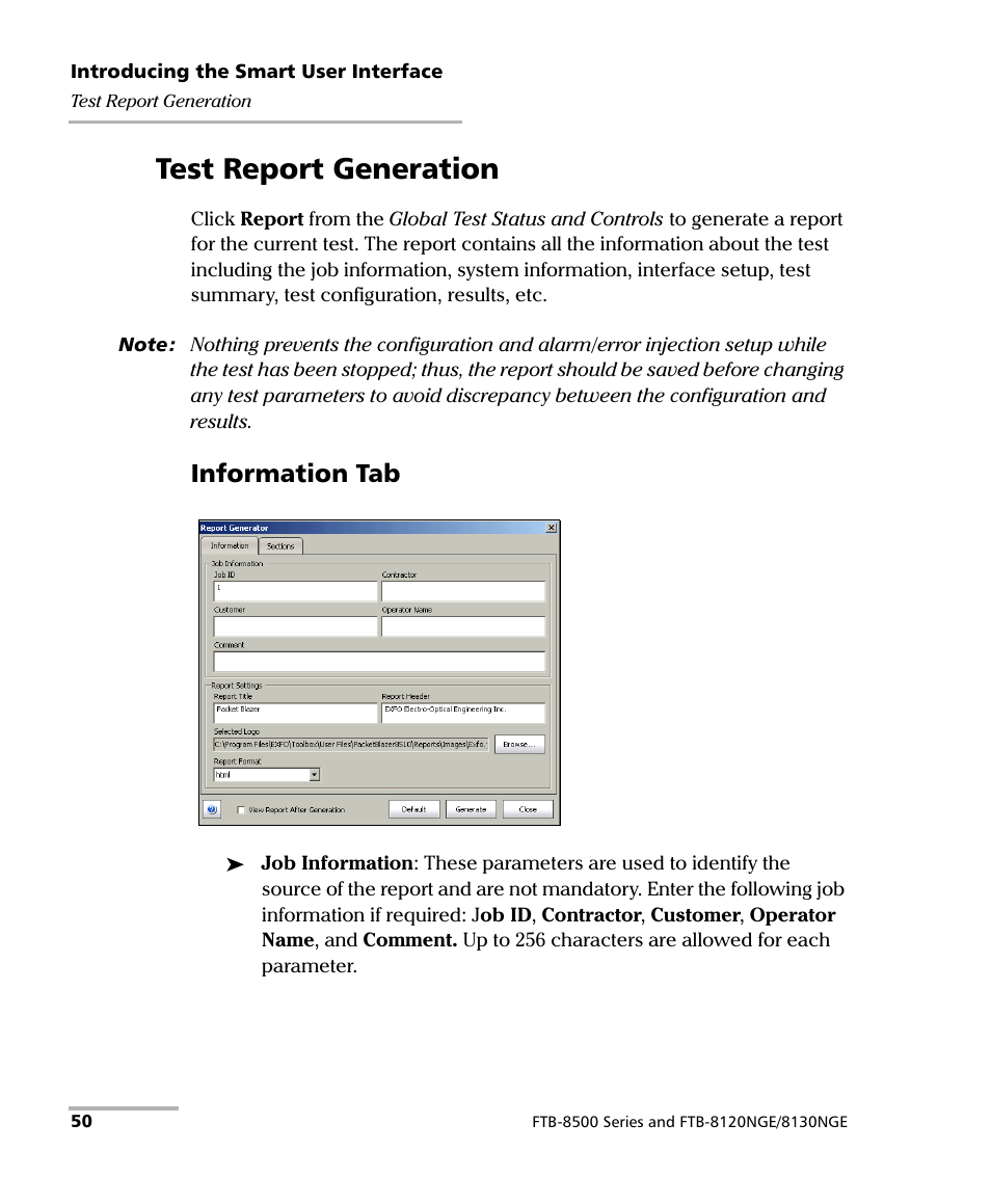 Test report generation, Test report generation on, Information tab | EXFO RTU 310-310G IP Services Test Head User Manual | Page 62 / 547