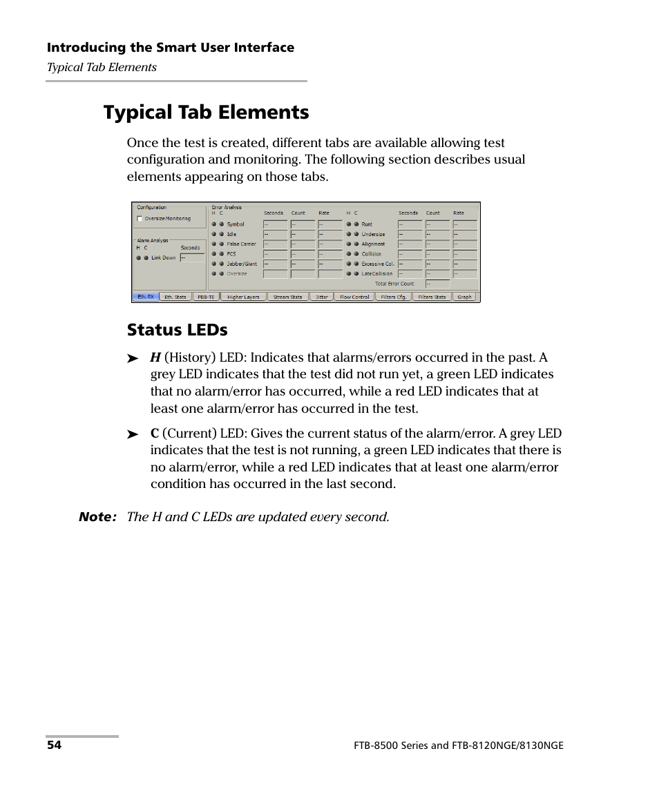 Typical tab elements, Status leds | EXFO RTU 310-310G IP Services Test Head User Manual | Page 66 / 547