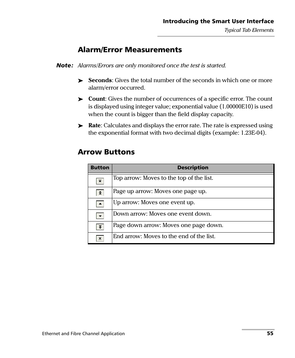 Alarm/error measurements, Arrow buttons | EXFO RTU 310-310G IP Services Test Head User Manual | Page 67 / 547