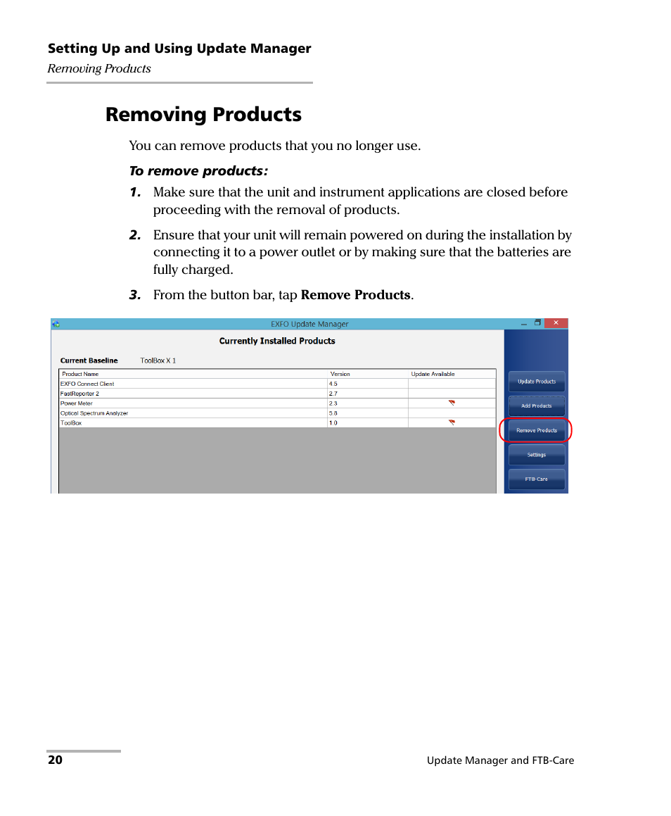 Removing products | EXFO Update Manager User Manual | Page 24 / 45