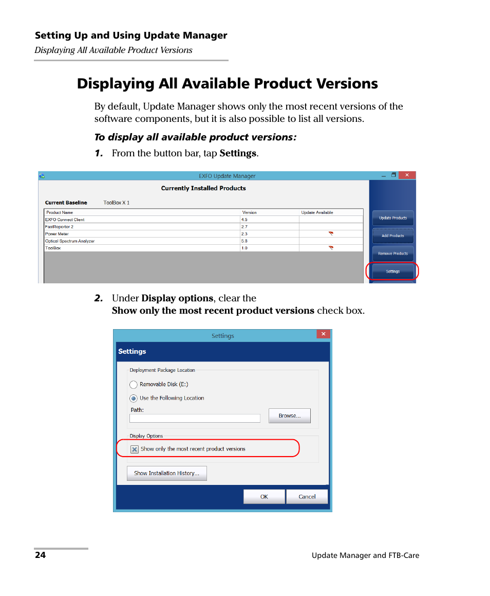 Displaying all available product versions | EXFO Update Manager User Manual | Page 28 / 45