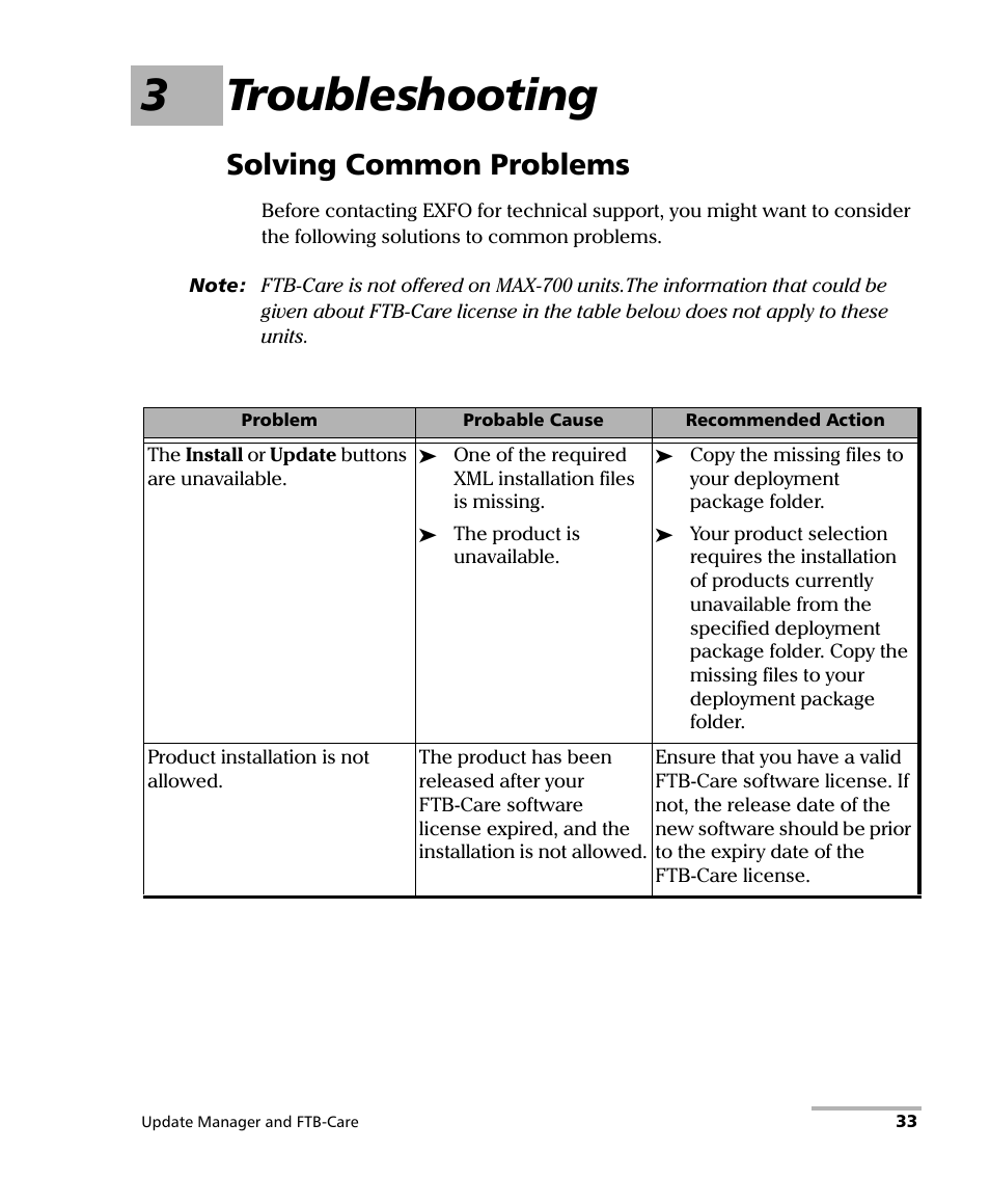 3 troubleshooting, Solving common problems, 3troubleshooting | EXFO Update Manager User Manual | Page 37 / 45