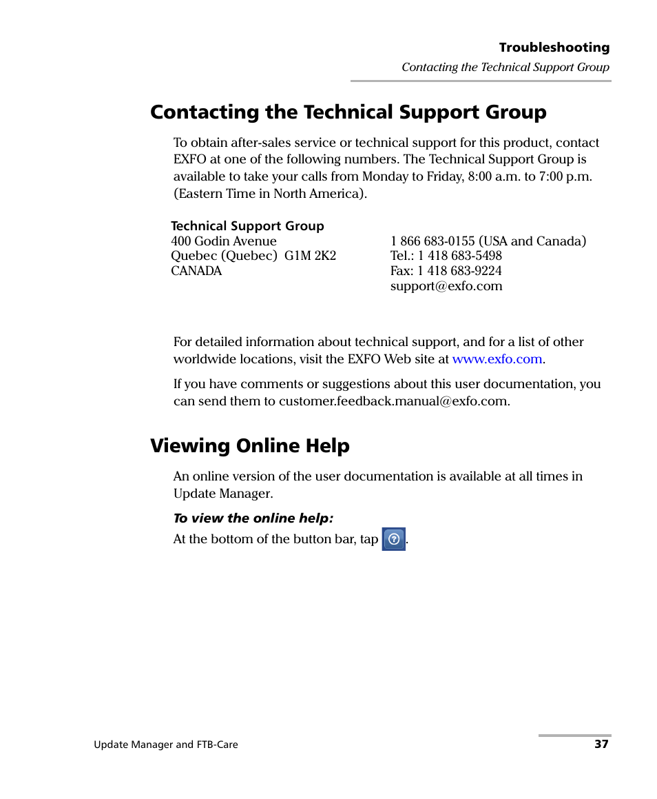 Contacting the technical support group, Viewing online help | EXFO Update Manager User Manual | Page 41 / 45