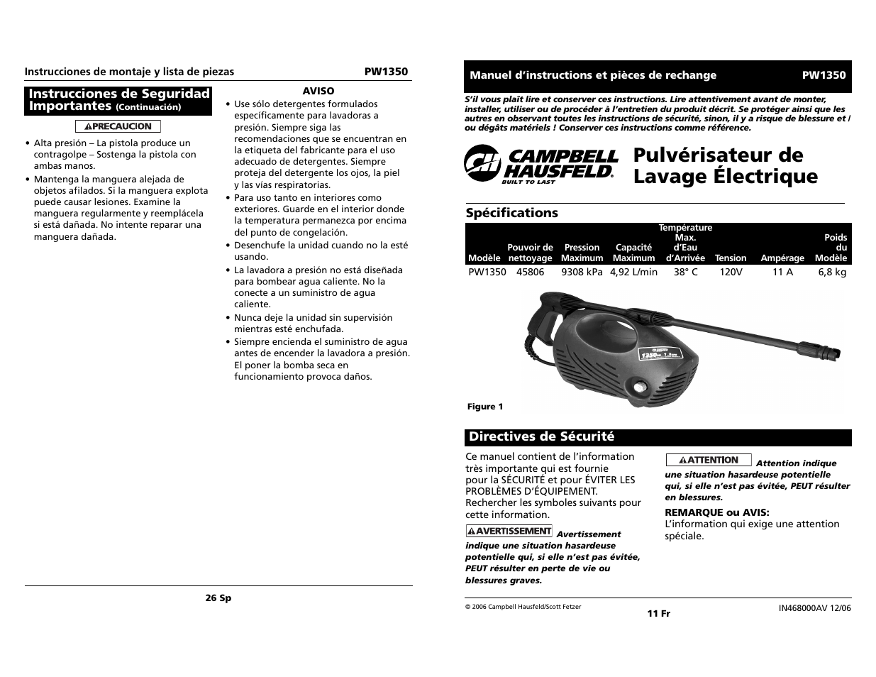 Pulvérisateur de lavage électrique, Instrucciones de seguridad importantes, Spécifications | Directives de sécurité | Campbell Hausfeld PW1350 User Manual | Page 11 / 18